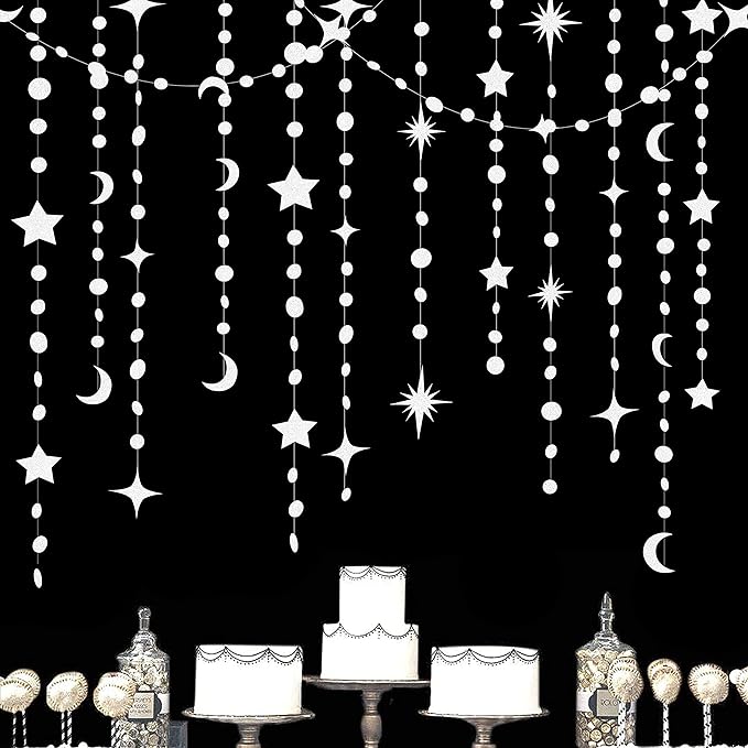 White Star Moon Circle Dot Garland Party Decoration Hanging Crescent Twinkle Little Star Streamer Bunting Banner for Wedding Engagement Anniversary Bridal Shower Kids Birthday Baby Shower Decor