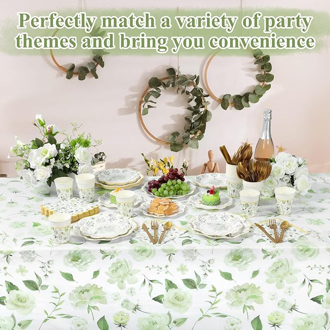 Pickmesh 194 Pcs Spring Floral Party Decoration for 24 Guest, Sage Green Paper Plates and Napkins Cups Tablecloth Cutlery Tea Party Tableware for Bridal Shower Wedding Garden Women Birthday Supplies