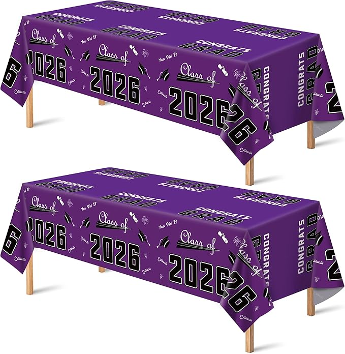 OHOME Graduation Decorations Class of 2026 - Graduation Party Decorations 2026 - Disposable Plastic Purple Tablecloth Banner for Class of 2026 Decorations Party Favors Supplies,54" X 108",2 Pack