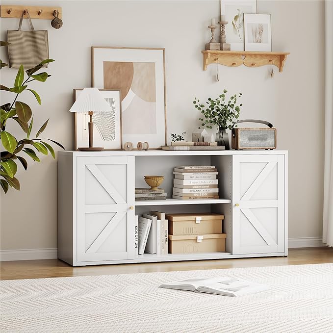 Metal Farmhouse TV Stand for 65 Inch TV, Entertainment Center with Storage Cabinets and 2 Barn Doors, Media TV Console Table for Living Room (White, 27.5" H-TV Stand)
