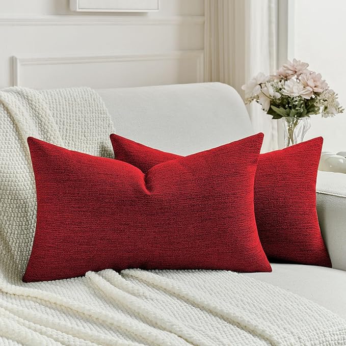 FUTEI Christmas Red Chenille Decorative Throw Pillow Covers 12x20 Inch Set of 2,Soft Cozy Faux Linen Textured Lumbar Pillow Cases,Farmhouse Home Decor for Couch Living Room