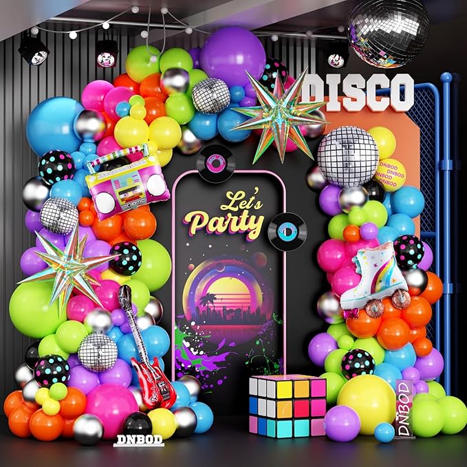 90s Retro Party Balloon Garland Kit,135Pcs Mix Neon Colors Balloon Arch with Radio,Guitar,Roller Skate,Laser Explosion Star,Disco Ball foil Balloons for Back to 80s 90s Rock Theme Party Decorations