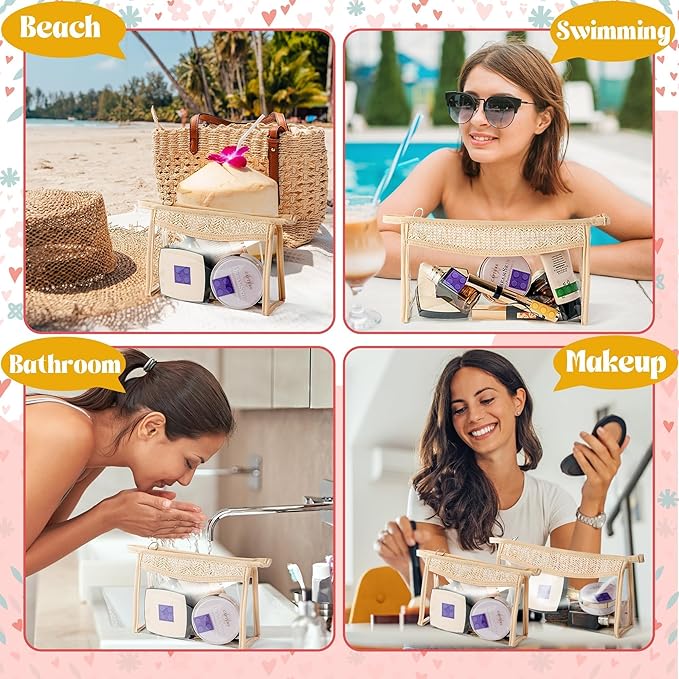 Boho Patch Cosmetic Bag - Summer Beach Swimming Pool Toiletry Makeup Bag Beige Clear Waterproof Travel Makeup Pouch PVC Zipper Clutch Daily Use Purse Summer Beach Gifts for Women Girls