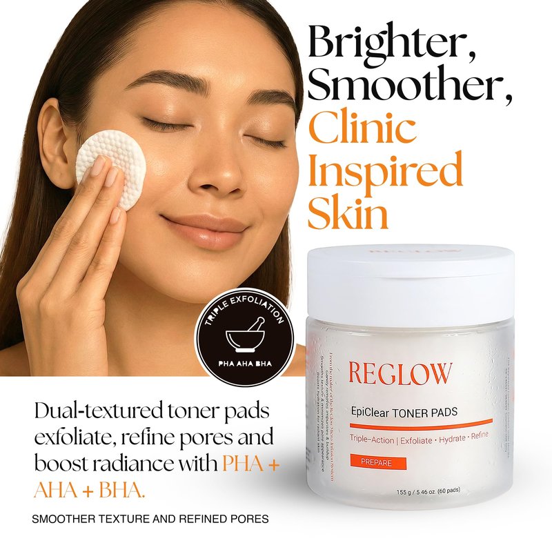 ReGlow EpiClear Toner Pads – Exfoliating Facial Pads with PHA, AHA, BHA & Niacinamide – Pore Care, Hydrating & Resurfacing Daily Peel – Clinic-Inspired Skincare for Smooth Texture 60 Pads (1 pack)