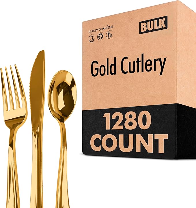 Gold Plastic Silverware Set (1280 Pack) – Includes 640 Forks, 320 Knives, 320 Spoons, Heavy-Duty Disposable Flatware for Parties, Weddings & Events