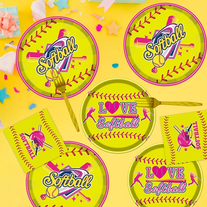 Rakuto Softball Party Decorations Supplies, 96PCS Party Paper Plates Napkins Forks Softball Plates Dinnerware, Sports Birthday Baby Shower Tableware Set (24 Guests)