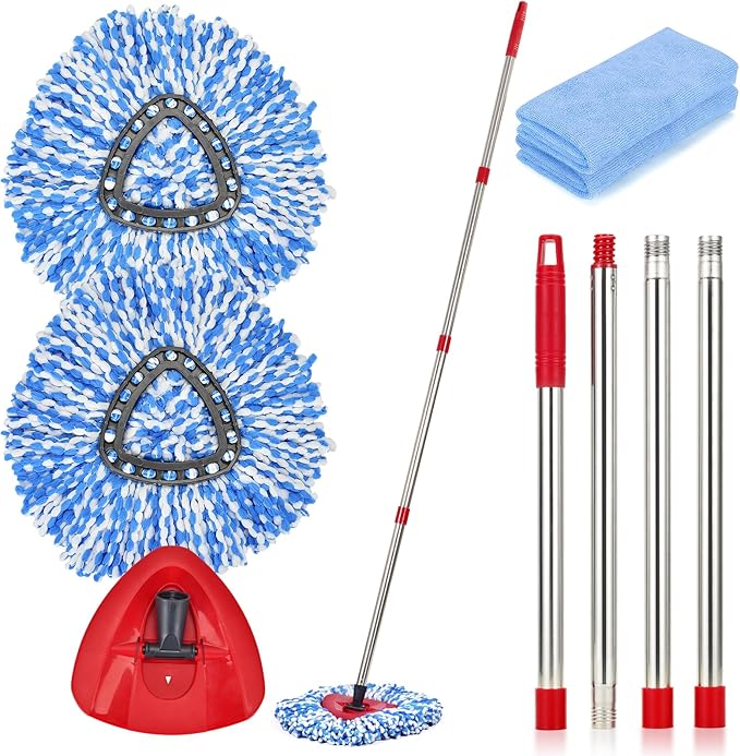 Matthew Spin Mop Replacement Kit - 2 Refill Heads, 30-58in Handle & Base Combo Set (Blue, 1-Tank System)