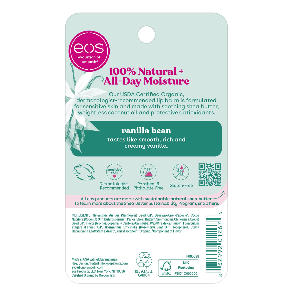 eos 100% Natural & Organic Lip Balm Sticks - Vanilla Bean, All Natural Lip Balm, All-Day Moisture, Dermatologist Recommended, 0.14 oz, 2-Pack
