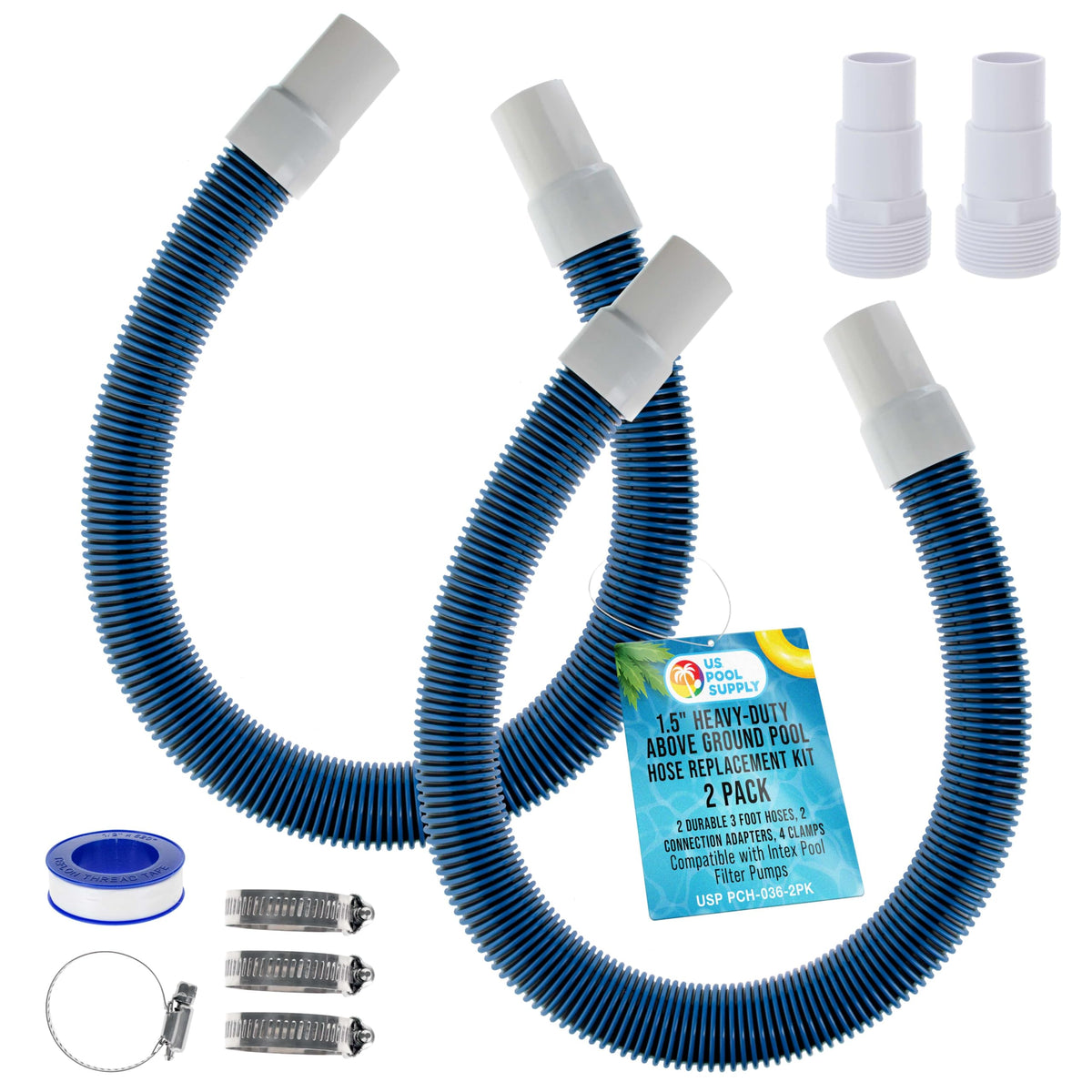 U.S. Pool Supply 1.5" Heavy-Duty Above Ground Pool Hose Replacement Kit - 2 Durable 3 Foot Hoses, 2 Connection Adapters, 4 Clamps - Compatible with Intex Pool Filter Pumps