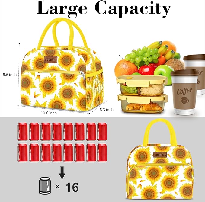 Coobiiya Lunch Bag Women, Lunch Box for Women Adult Men, Small Leakproof Cute Lunch Tote Large Capacity Reusable Insulated Cooler Lunch Container for Work/Office/Picnic/Travel-Sun Flower