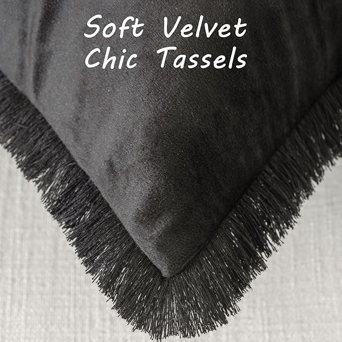 FUTEI Black Velvet Decorative Throw Pillow Covers 16x16 Set of 2,Soft Cozy Edge with Tassels Cushion Case,Boho Modern Home Decor for Couch Bed Living Room