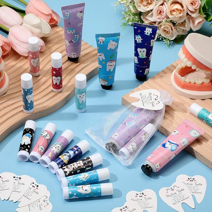 Loopeer 24 Sets Dental Hygiene Gifts Dental Hygienist Appreciation Gifts Moisturizing Lip Balm Hand Cream Dentist Thank You Gift with Cards Organza Bags for Nurse Week Valentine Birthday