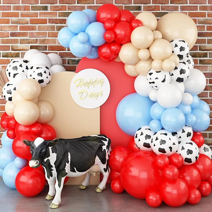 Farm Animal Theme Balloon Garland Arch Kit Red Blue White Latex Balloons Garland with Cow Print Balloons for Kid Barn Yard Farmhouse Country Western Cowboy Birthday Party Supplies Decoration