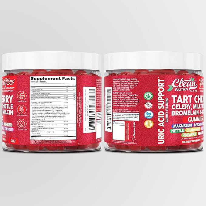 Clean Nutra Tart Cherry Gummies Uric Acid Flush Celery Milk Thistle Bromelain Vitamin C Magnesium Citrus Bergamot Ginger Stinging Nettle Leaf Chamomile Berberine Quercetin Support 60 Gummy Vitamins