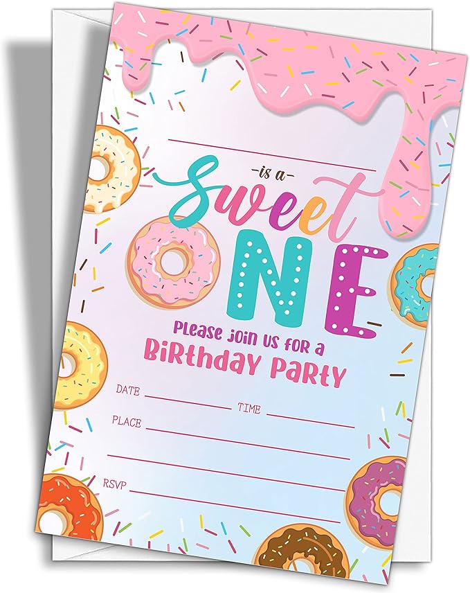 Donut Sweet One Birthday Party Invitations, 20-Count Donut First Birthday Party Invites With Envelopes-HBYQK-B46