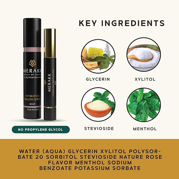 Merakk Limited Edition Fresh Breath Spray in Rose - Sugar-Free Breath Freshener Spray & Dry Mouth Spray - Bad Breath Spray with Stevioside, Menthol & Glycerin - Dentist-Designed Oral Spray - 0.3 fl oz