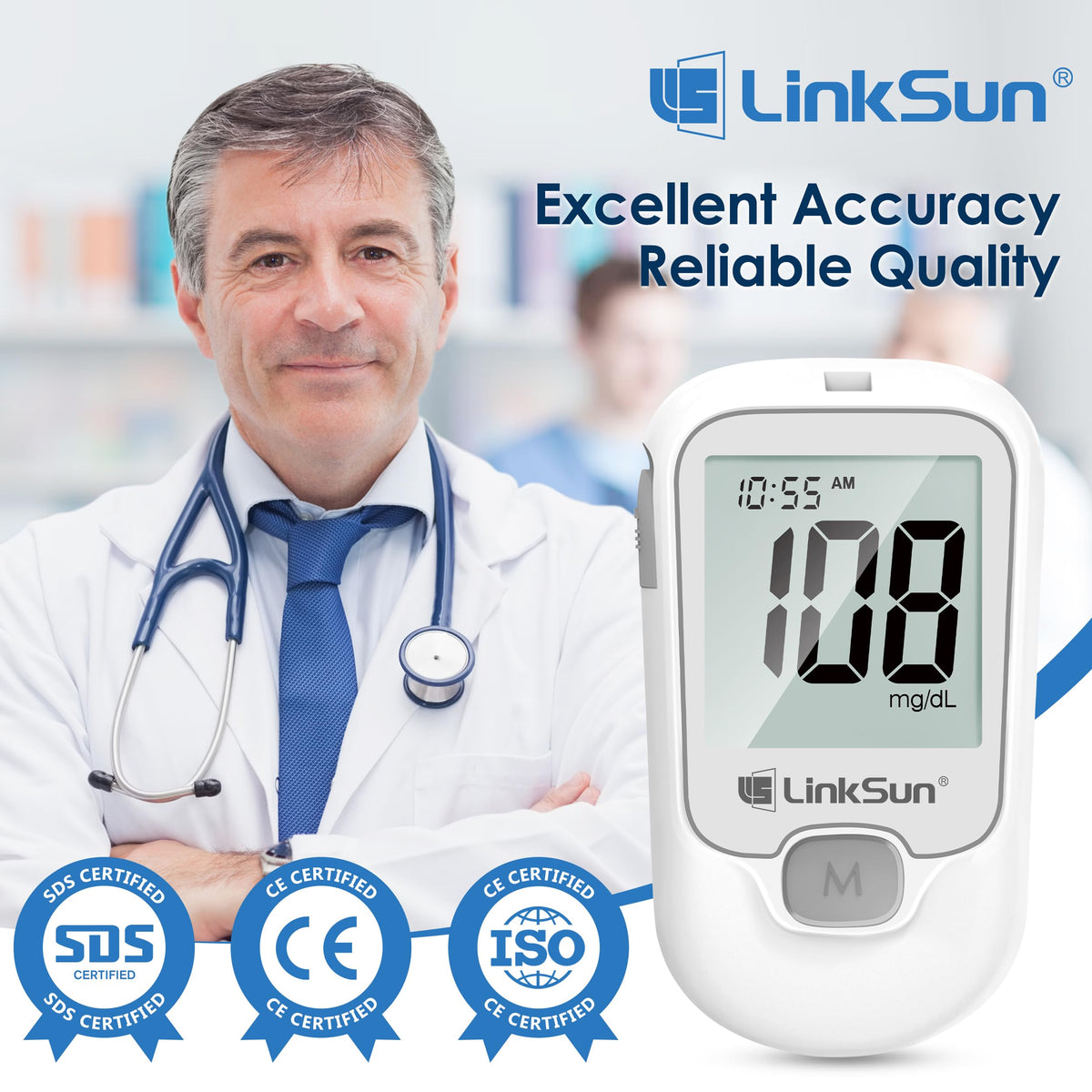 G-425-1 Blood Glucose Monitor Kit, 100 Test Strips &100 Lancets, 1 Control Solution, 1 Blood Sugar Monitor, 1 Lancing Device, Diabetes Testing Kit, No Coding, Large Display, Glucometer for Home Use