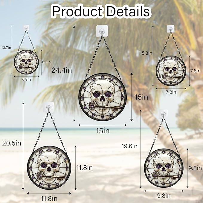 Stained Glass Window Hanging - Halloween Scary Skull Suncatcher for Doors Garden Home Spooky Purple Skeleton Key Sun Catchers Gothic Decor Horror Gifts for Women Men Friend Boy Girl 15 in