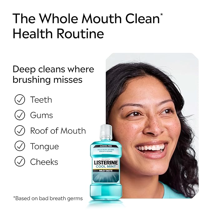 Listerine Cool Mint Alcohol Free Mouthwash, Oral Rinse Kills 99.9% of Germs That Cause Bad Breath, for Fresh Breath & Less Intense Taste, No Alcohol Burn Cool Mint Flavor, 1 L