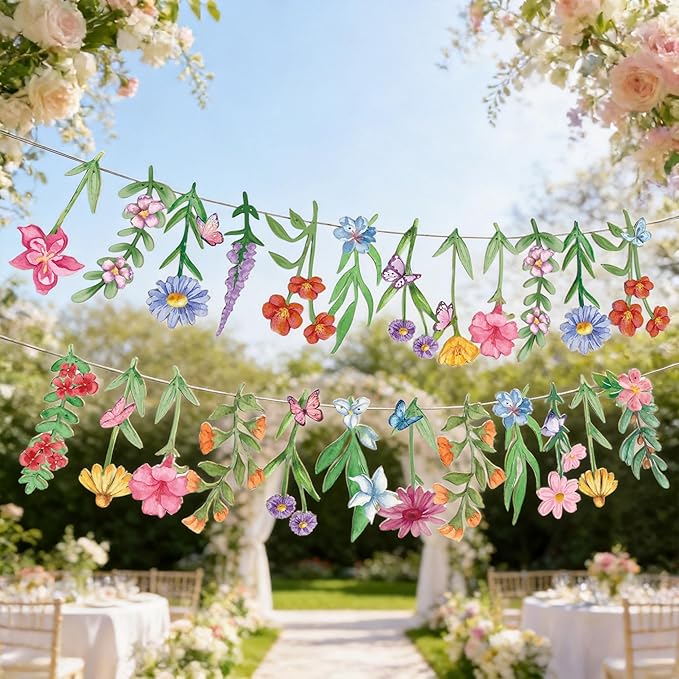 2Pcs Spring Wildflower Party Hanging Decorations, Watercolor Floral Banners Spring Wildflower Cutouts Garland Backdrop for Spring Summer Girls Garden Birthday Wedding Party Decor Supplies, 9.8Ft