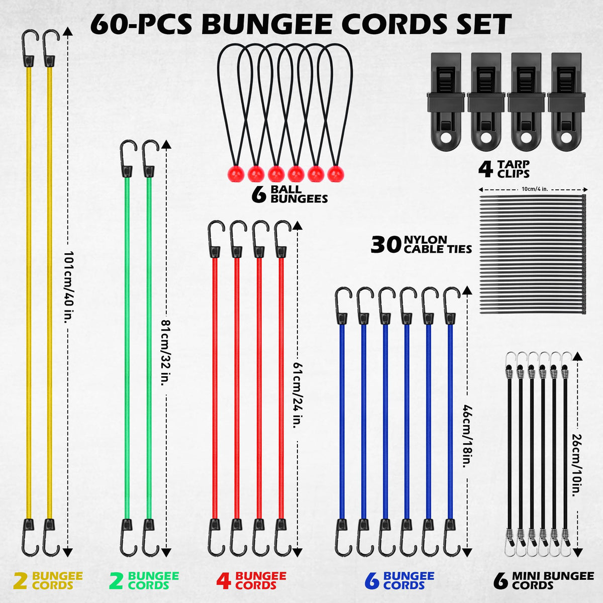 60-Piece Bungee Cords Assorted Sizes - 10" 18" 24" 32" 40" Bungee Cords with Hooks, Heavy Duty Outdoor, Large Medium Small Mini Elastic Canopy Tarp Bungee Ball Ties Tarp Clips Organizer