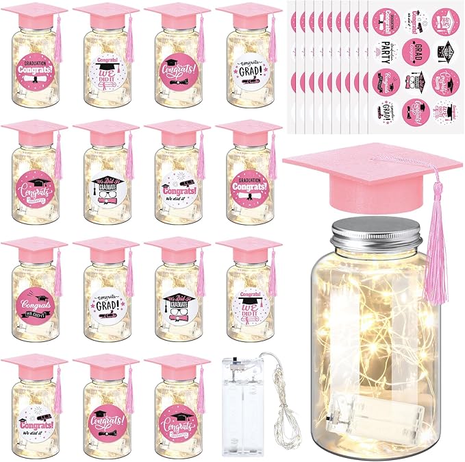 Boao 16 Sets Graduation Table Decoration Set with LED Light up Graduation Decorations for Class of 2026, Grad Jar, Felt Grad Hat and Stickers for High School College(Pink,Vivid)