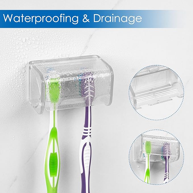 2 PCS Toothbrush Holder Wall Mounted with Cover for Bathroom, 2 Slots Toothbrush Storage Organizer for Shower, Self Adhesive Toothbrush Hanger Rack for Dorm, Cabinet (Clear)