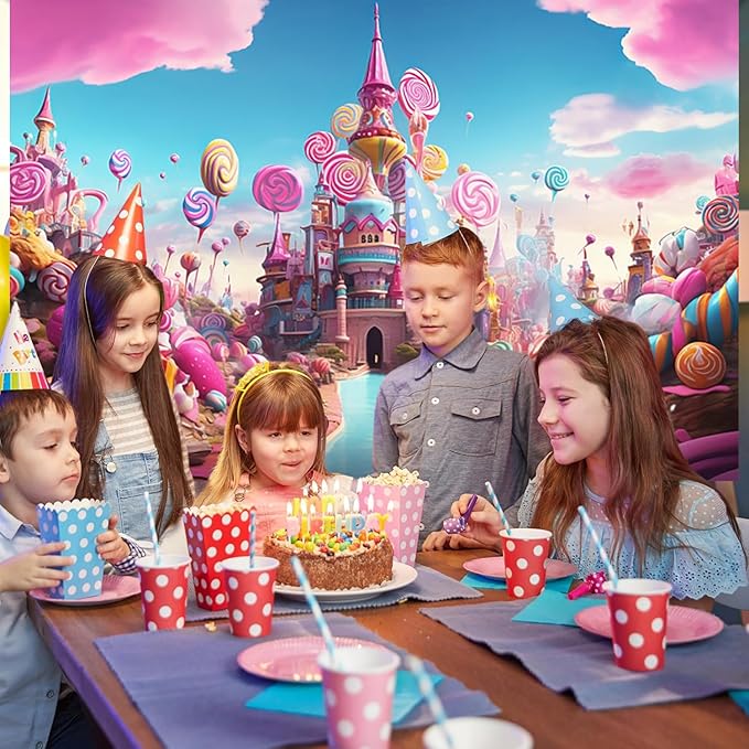 10x6.5ft Candyland Backdrop Fantasy Pink Castle Sweet Candy Photography Background Girls Birthday Candyland Theme Party Decorations Banner Photo Studio Props