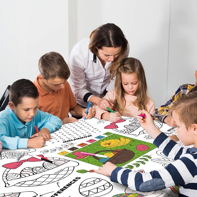 Gatherfun 2 pcs Disposable Easter Color-in Paper Tablecloth Decoration，Happy Easter Paper Table Cover for Children School Party Decor-54 x 88 in，2 pcs