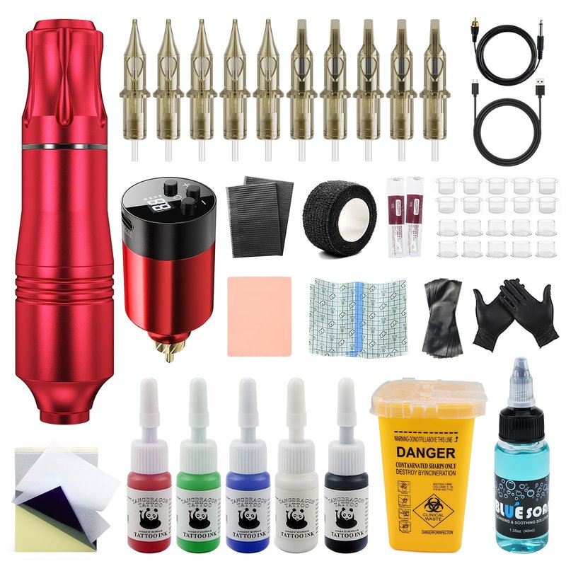 Wireless Tattoo Kit for Beginners - Rotary Tattoo Pen Machine with 1500mAh Battery (4-6H Use), Needle Disposal Container & Complete Pre/Post Care Supplies, Red | Home Practice Tattoo Kit for Starters