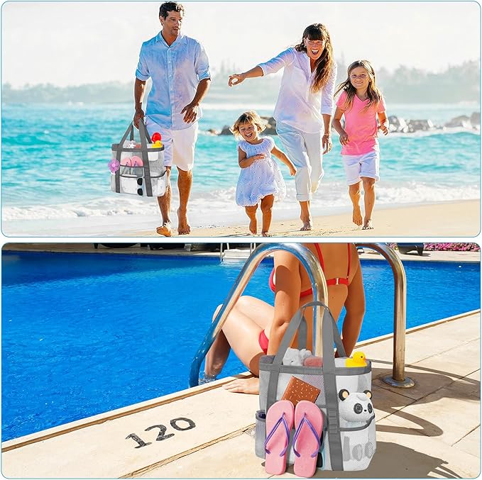 Mesh Beach Bags for Family - Women Beach Tote Bag for Toys, Towels, Travel Vacation Cruise Essentials