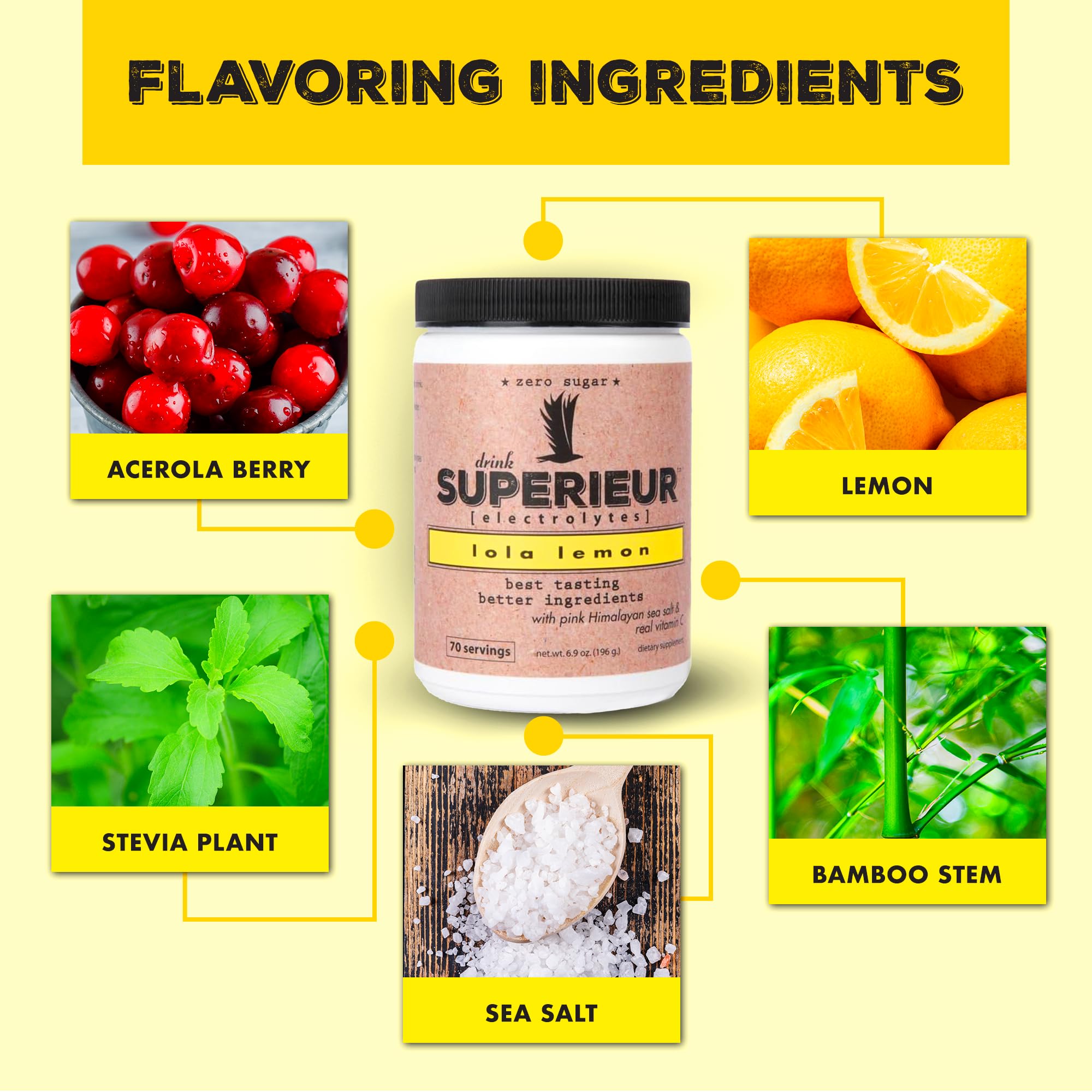 Superieur Electrolytes – Plant Based Electrolyte Supplement w/Sea Minerals for Hydration & Recovery – Keto Friendly, Non-GMO, Zero Sugar, Vegan Healthy Sports Drink Powder – Lola Lemon (70 Servings)