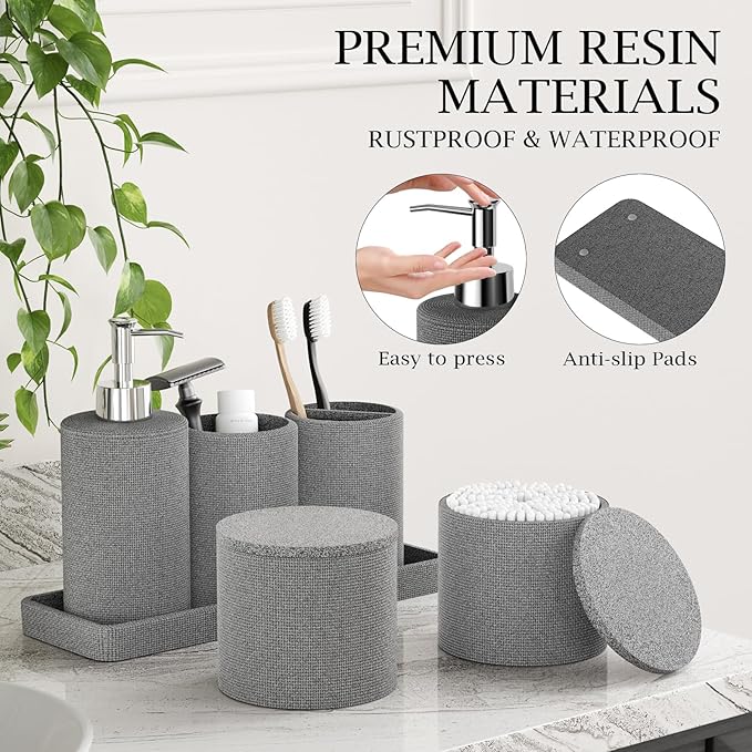6-Piece Grey Bathroom Set - Mesh Textured Resin Bathroom Accessories Set with Soap Dispenser, Toothbrush Holder, Cup, Vanity Tray & Apothecary Jars for Small Spaces