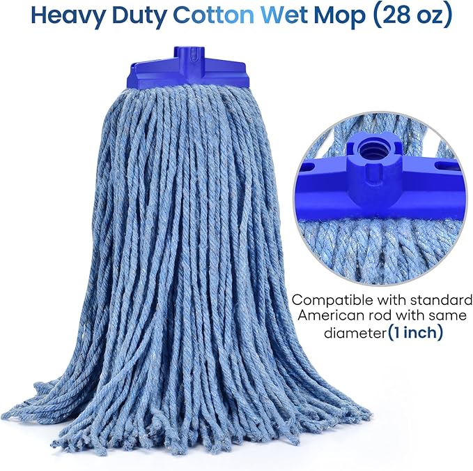 Matthew Cleaning Screw-on Heavy Duty Cotton Wet Mop Replacement Heads(Blue, Large,3Pack) with 2 Pack Microfiber Cloth for Residential & Commercial Floor Cleaning Use- Fit Standard American Screw