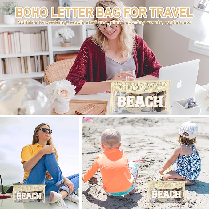 Iqimott 2Pcs Clear Patch Makeup Letter Bag, Boho Letter Bag for Beach Swim, Waterproof Zipper Make up Bags Toiletry Pouch for Women Girls, Clear Letters Patch Cosmetic Bags for Travel(Beach)