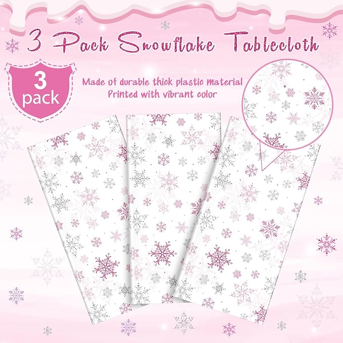3 Pcs Christmas Snowflake Party Tablecloths Decorations,Plastic Pink Winter Onederland Rectangle Table Cover for Christmas New Year Girls 1st Birthday Baby Shower Holiday Party Decorations,54x108 inch