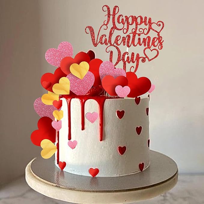 DRWATE 33pcs Happy Valentine's Day Cake Toppers with Red Heart Decorations for Valentine's Day Party Supplies (Red)