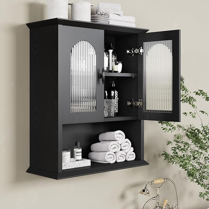 CJL Bathroom Wall Cabinet with Fluted Door, 18.9'' x 23.6'' Medicine Cabinet, Over The Toilet Storage Cabinet, Black