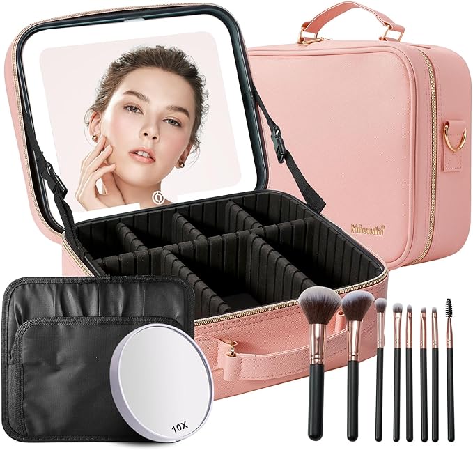 Mocado Travel Makeup Bag with LED Lighted Mirror,Travel Makeup Organizer,Makeup Case with 8 Makeup Brushes and 10x Magnifying Mirror,3 Colors Lighting, Adjustable Dividers Makeup Box(Pink)