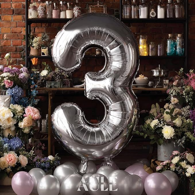 AULE 40 Inch Big Silver 3 Balloon Number Large Foil Helium Number Balloons 0-9 Jumbo Giant Happy 3rd Birthday Party Decorations for Boy or Girl Huge Mylar Anniversary Party Supplies