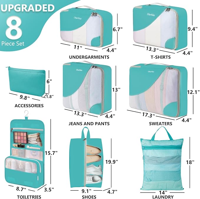 8 Set Packing Cubes for Travel, Gifts for Women Mom,Anti-Tearing Suitcase Organizer for Luggage with Shoe & Hanging Toiletry Bag,OlarHike Vacation Essentials & Accessories for Cruise Ship