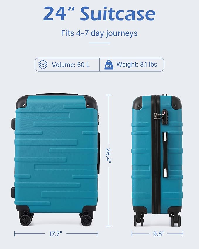 Coolife Hardside Checked Luggage with TSA Lock, Spinner Wheels, Telescopic Handle, Lightweight Suitcase (Dark Green, M(24in))