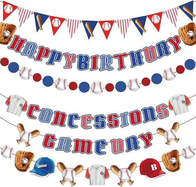 Pre-Strung Baseball Party Decorations with Concessions and Game Day Banners, Happy Birthday Baseball Party Supplies