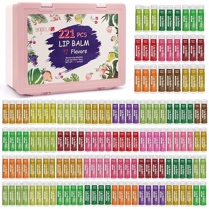 Yopela 221 Pack Natural Lip Balm Bulk with Vitamin E and Coconut Oil - Moisturizing, Soothing, and Repairing Dry and Chapped Lips Valentine's Gift - 17 Flavors - Non-GMO