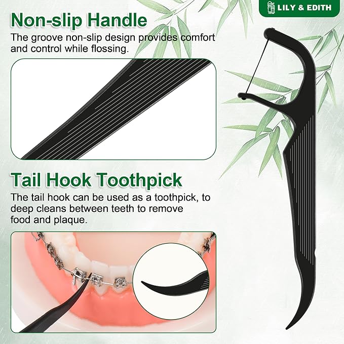 LILY & EDITH Orthodontic Flossers for Braces for Adult & Kid, 240 Count, Ortho Dental Floss Picks, Fluoride & Chemical Free, Fits Under Arch Wire, Bamboo Charcoal Flosser Remove Plaque, Unflavored