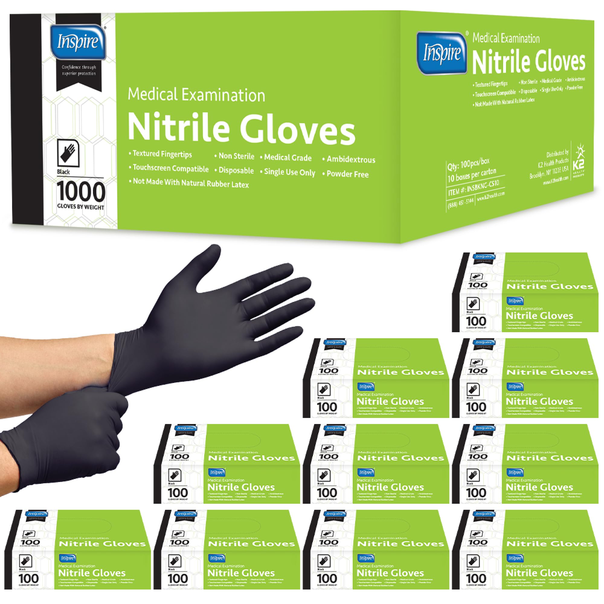 Inspire Black Nitrile Disposable Gloves | 4.5 Nitrile Disposable Safety Medical Cooking Cleaning Gloves (Black - Case Of 1000, Large)