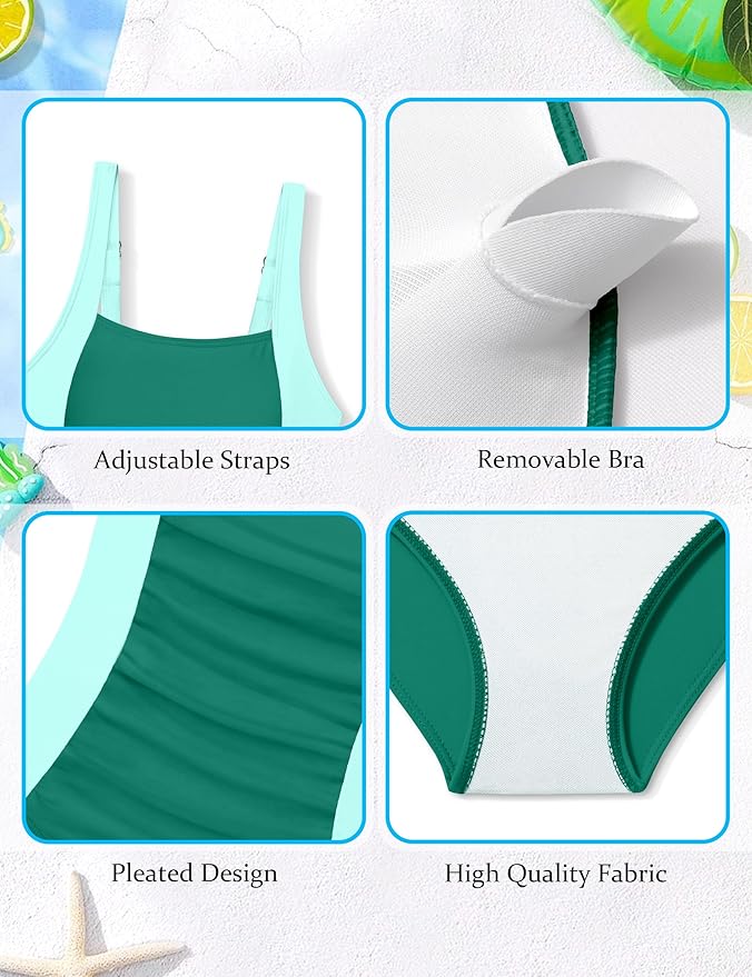 Girl Swimsuit One Piece Bathing Suit for Girls Solid Color Ruched Adjustable Straps Padded Swimwear 9-16y
