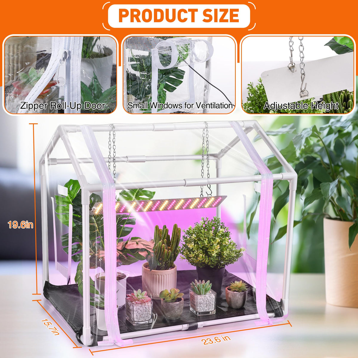 Meonum Mini Greenhouse with Grow Light, 23.6" L x 15.7" W x 19.6" H Portable Greenhouse with Waterproof Bottom Mat, Timer, 3 Light Color Mode for Indoor Outdoor Seed Starter Tray (Mini House Shape)