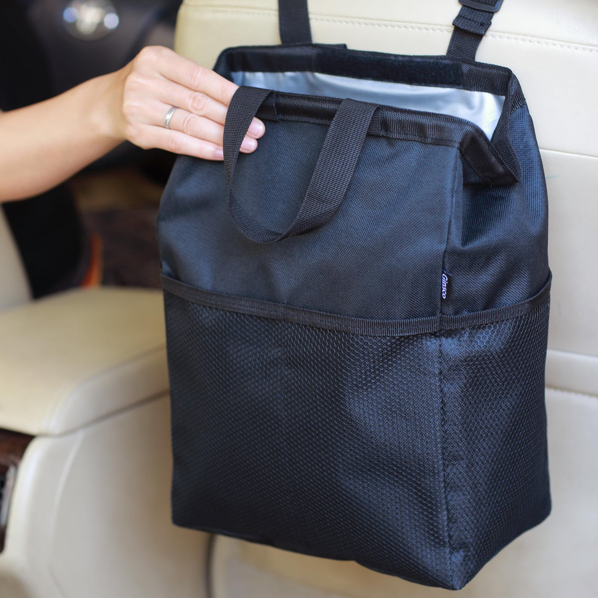 Ginsco New Leak-Proof Travel Car Trash Bag, 3.5 Gallons Large Capacity Hanging Car Trash Can with Hook and Loop Lid and Handle,
