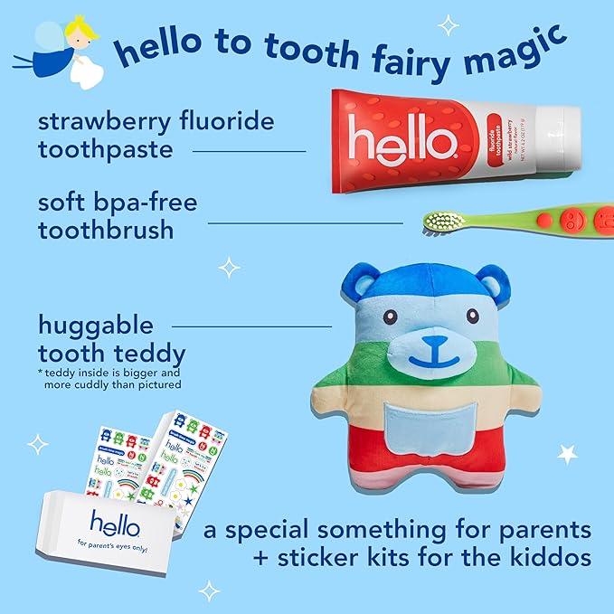 hello Tooth Fairy Kit with Tooth Fairy Door Hanger and Teddy Bear, Includes Full Size Fluoride Kids Strawberry Toothpaste and Kids Toothbrush, for Children Ages 3 and Up